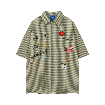 Moment Plaid Embroidery Short Sleeve Shirt Oversized Casual Summer Streetwear Top | Moment Plaid Shirt