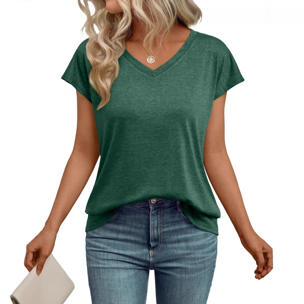Women's Solid Color V-Neck Short Sleeve Loose Casual Top Summer Everyday Relaxed Fit Tee - Seldom Seen Styles
