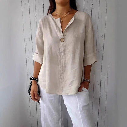 Women's Cotton Linen V-Neck Loose T-Shirt Button Detail Summer Casual Breathable Top Plus Size
