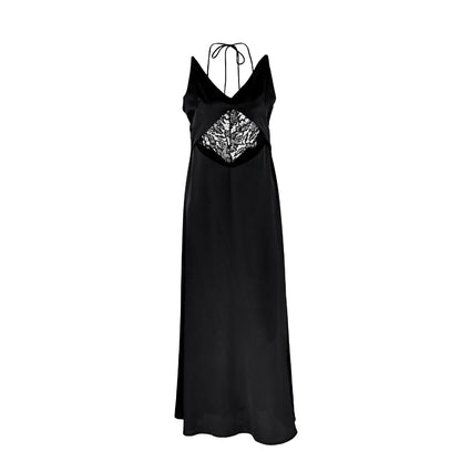 Lace hollow backless suspender high waist dress design sense commuter black dress women