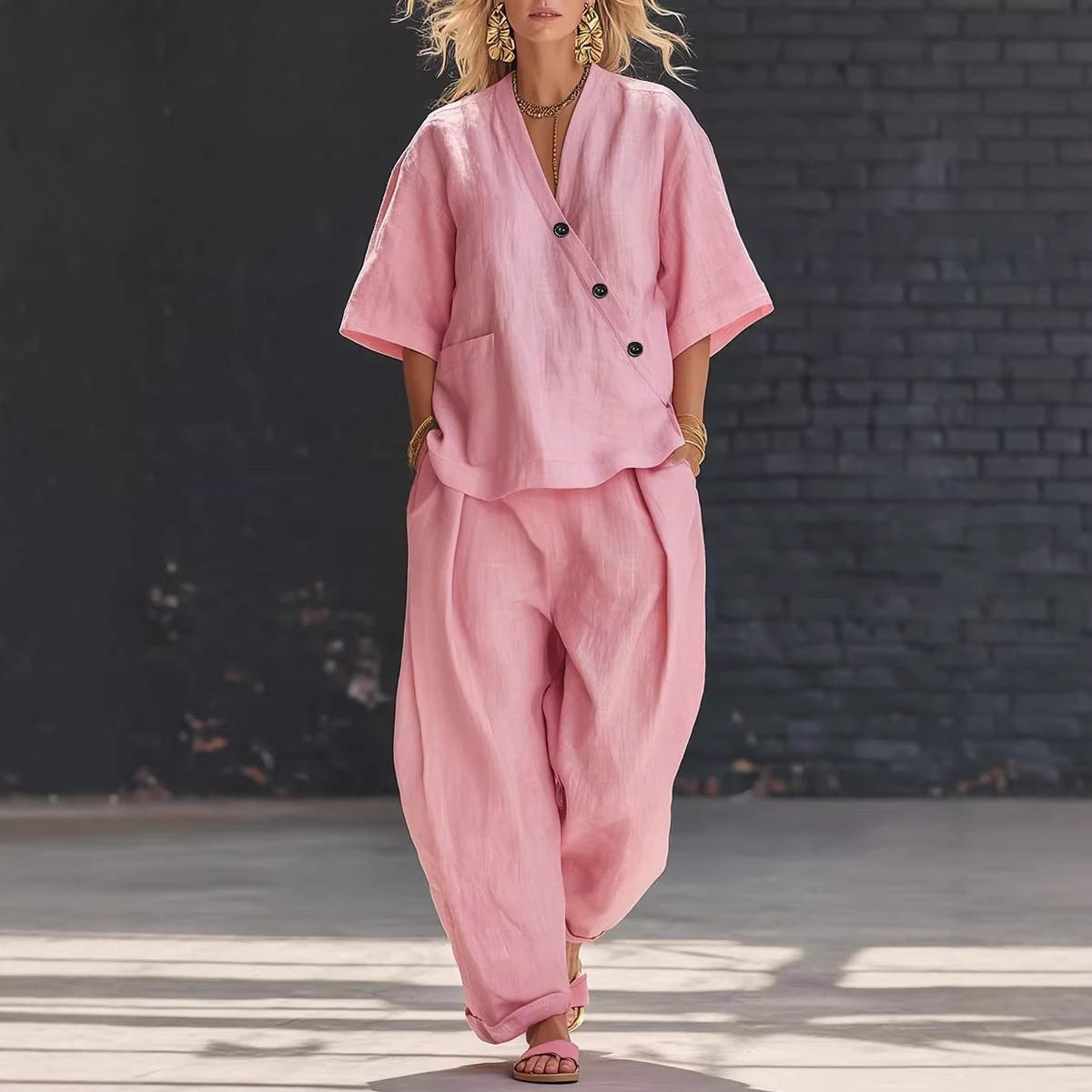 Women's V Neck Loose Short Sleeve Top High Waist Wide Leg Pants Two Piece Set Summer Casual Outfit - Seldom Seen Styles