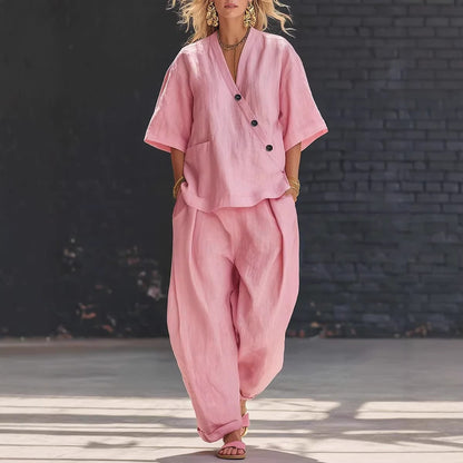 Women's V Neck Loose Short Sleeve Top High Waist Wide Leg Pants Two Piece Set Summer Casual Outfit