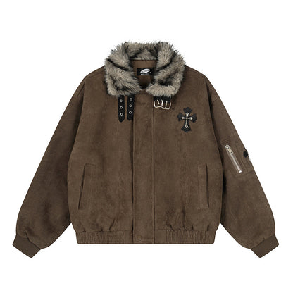 Faux Fur Collar Suede-Texture Buckle Bomber Jacket