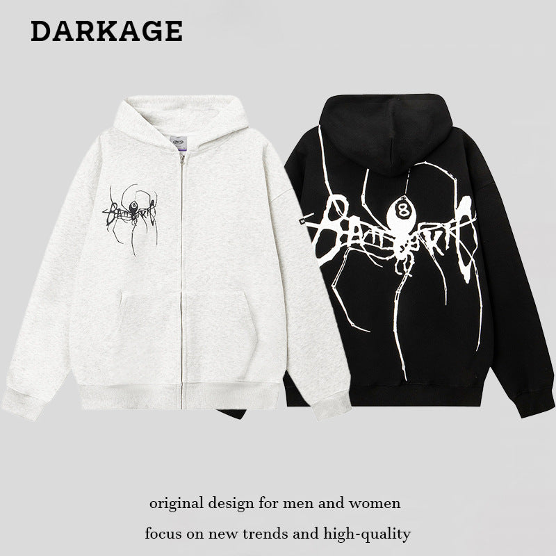 DARKAGE Spider 8-Ball Graphic Zip-Up Hoodie