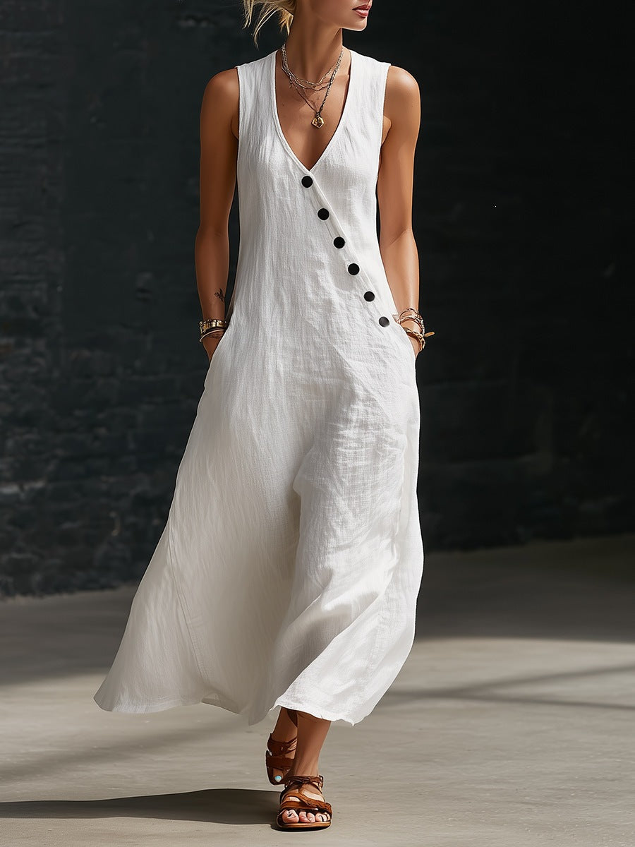 Women's V-Neck Cotton Linen Sleeveless Vest Maxi Dress Casual Summer Beach Vacation Boho Outfit - Seldom Seen Styles