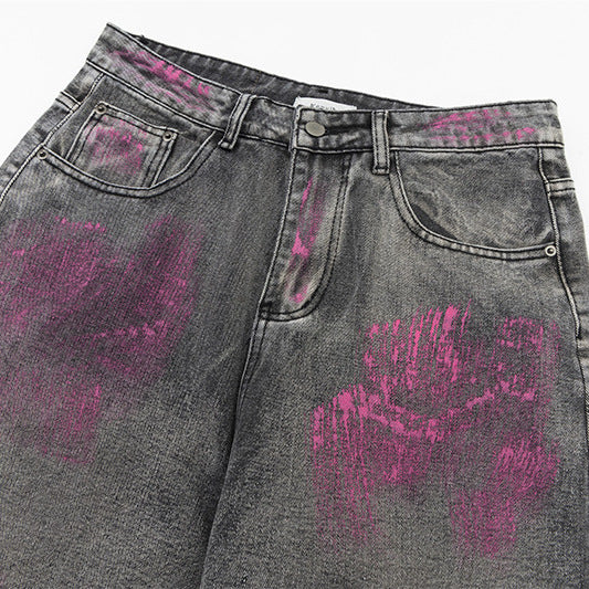 DARKAGE Vintage Washed Mud-Dyed Pink Paint Wide-Leg Jeans