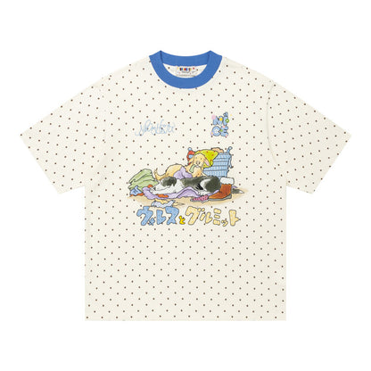 Crew Neck Short Sleeve Polka Dot Cartoon Graphic Print T-Shirt Loose Oversized Japanese Style Casual Couple Summer Top | Dot Munch