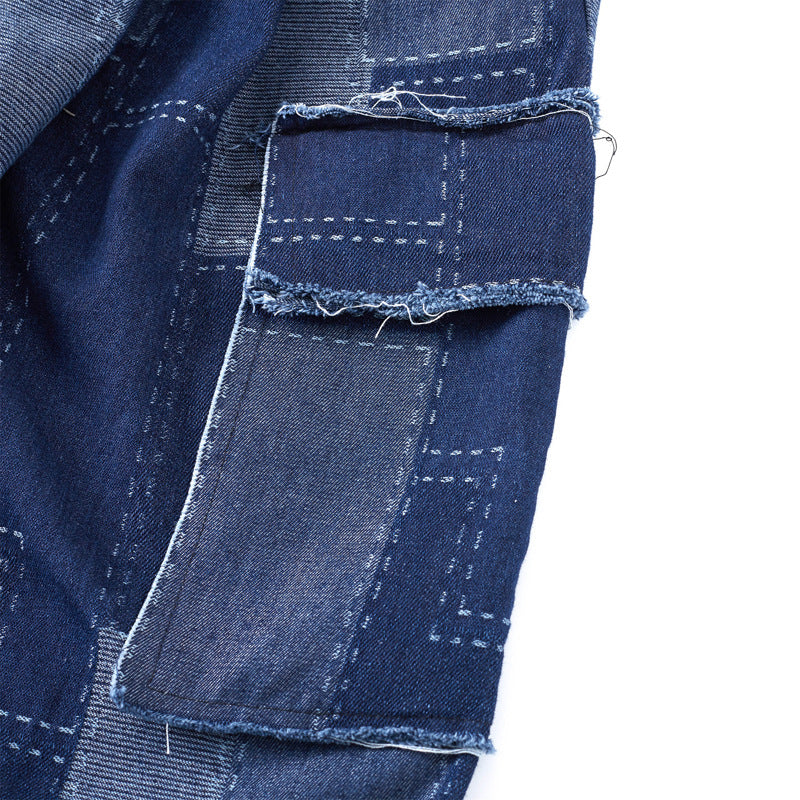Wide Leg Patchwork Cargo Jeans Multi Pocket Elastic Waist Loose Fit Retro Streetwear Tooling Trousers | Patch Haul