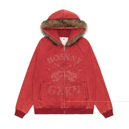 Guitar Print Fur Collar Hooded Cardigan Unisex Loose Fit American Streetwear Couple Casual Jacket | Guitar Hood