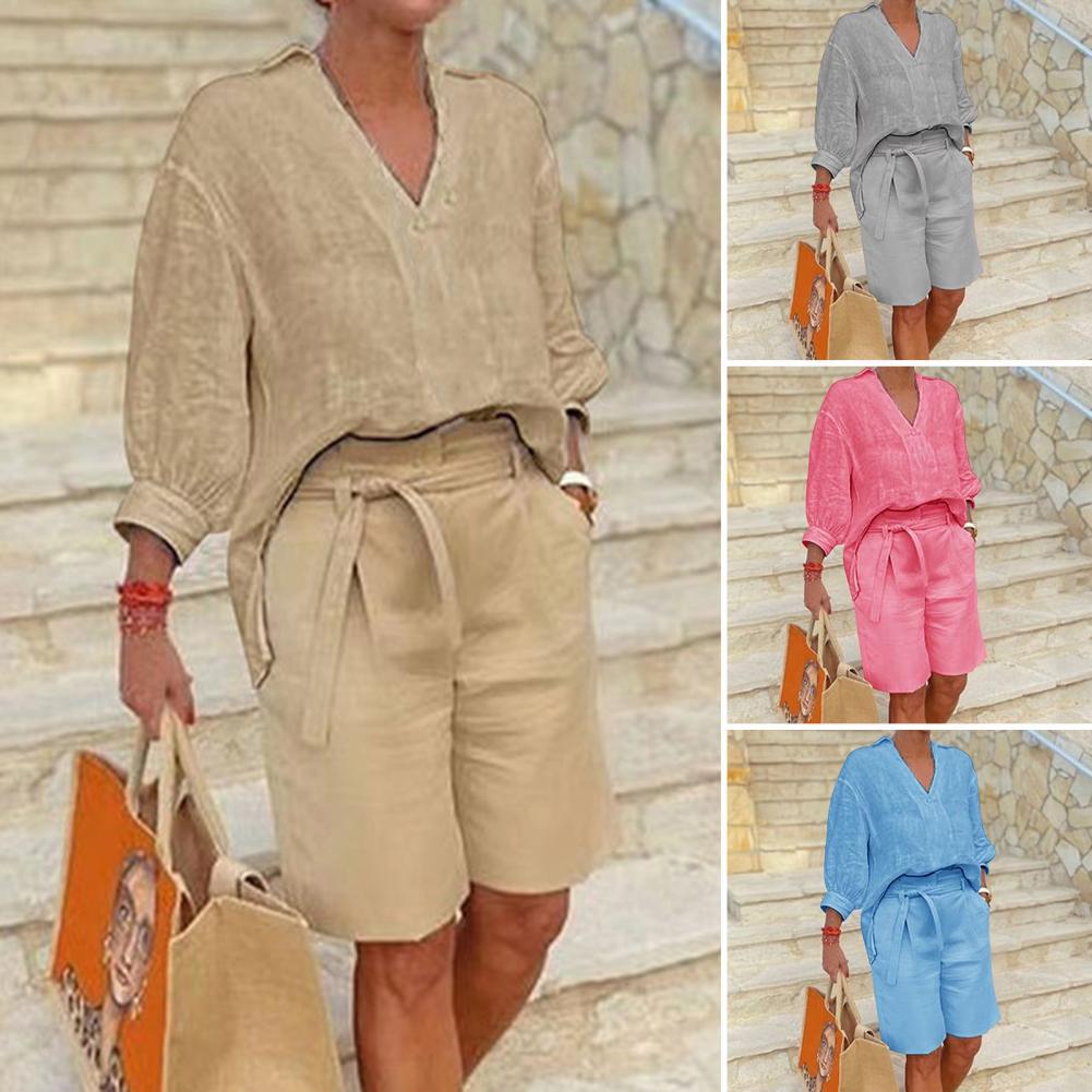 Women's Linen Two Piece Set V Neck Blouse and High Waist Shorts Casual Summer Matching Outfit