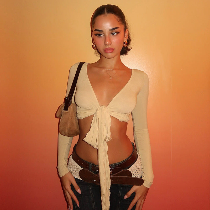 Women's Tie-Front Long Sleeve Crop Top Bold Statement Knotted Front Casual Going Out Party Festival Beach Vacation Top - Seldom Seen Styles