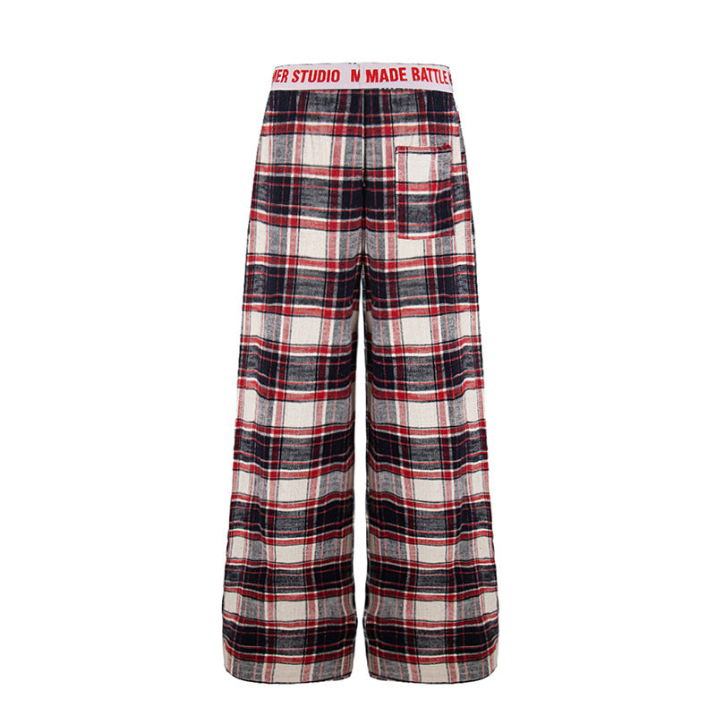 DARKAGE Plaid Wide-Leg Pants with Lettering Waistband