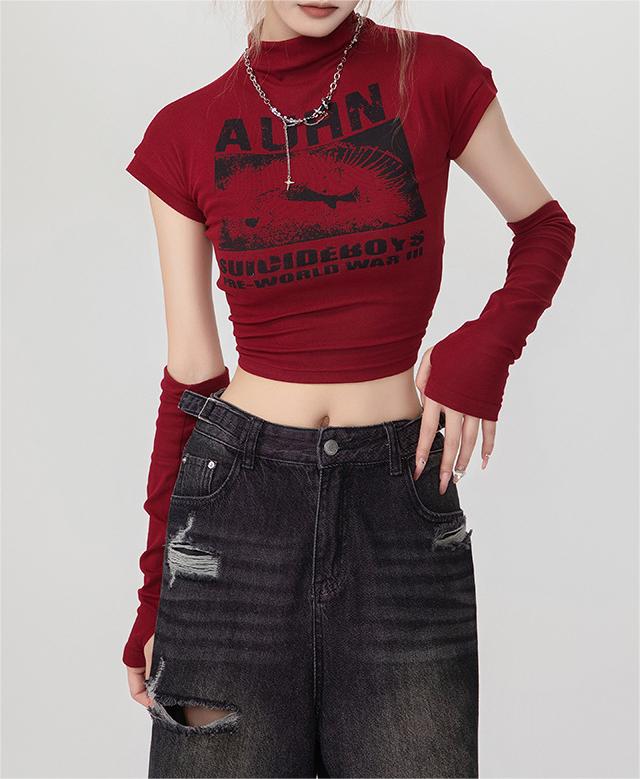 Women's Graphic Crop Top Y2K Slim Fit Mock Neck Streetwear Short Sleeve Tee with Arm Warmers - Seldom Seen Styles