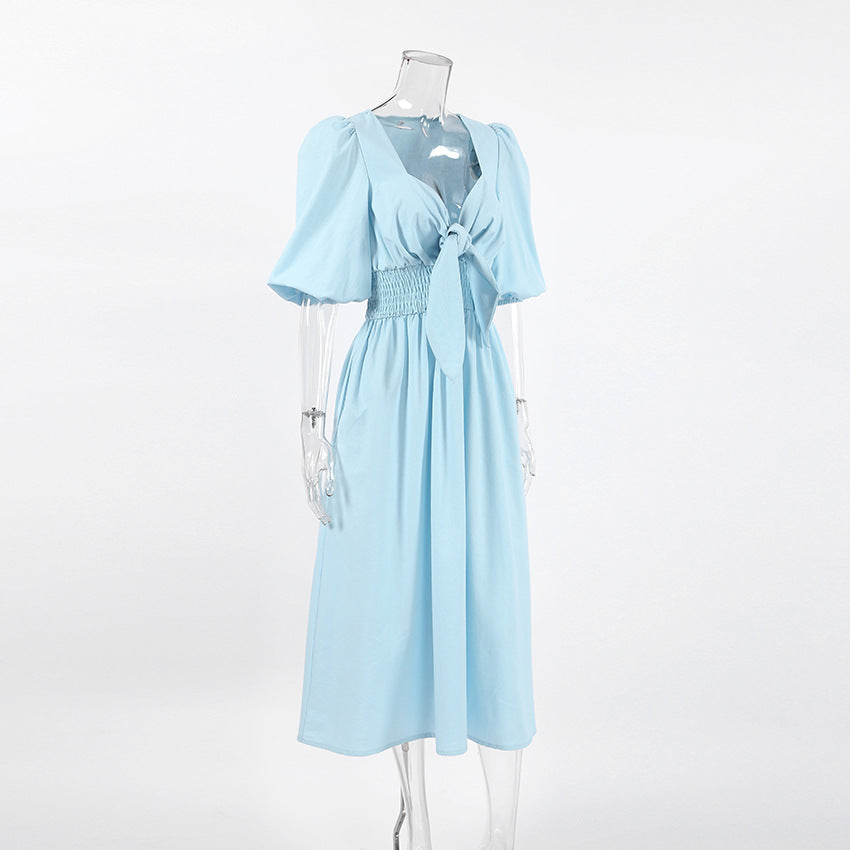 Women's Puff Sleeve Midi Dress Tie Front Cottagecore Vacation Summer Dress - Seldom Seen Styles