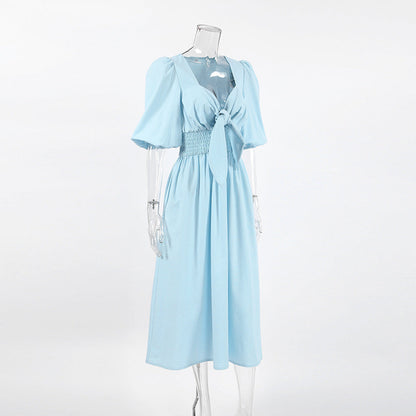 Women's Puff Sleeve Midi Dress Tie Front Cottagecore Vacation Summer Dress