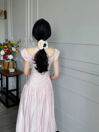 Elegant Off Shoulder Midi Dress – Slim Waist Soft Pink Summer Dress for Women