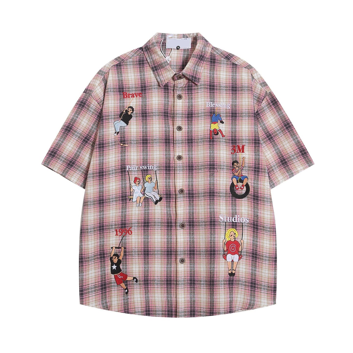 Wild Azi Playful Cartoon Oversized Plaid Button-Up Shirt