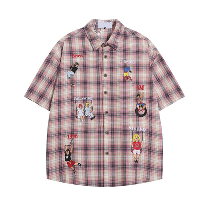 Wild Azi Playful Cartoon Oversized Plaid Button-Up Shirt