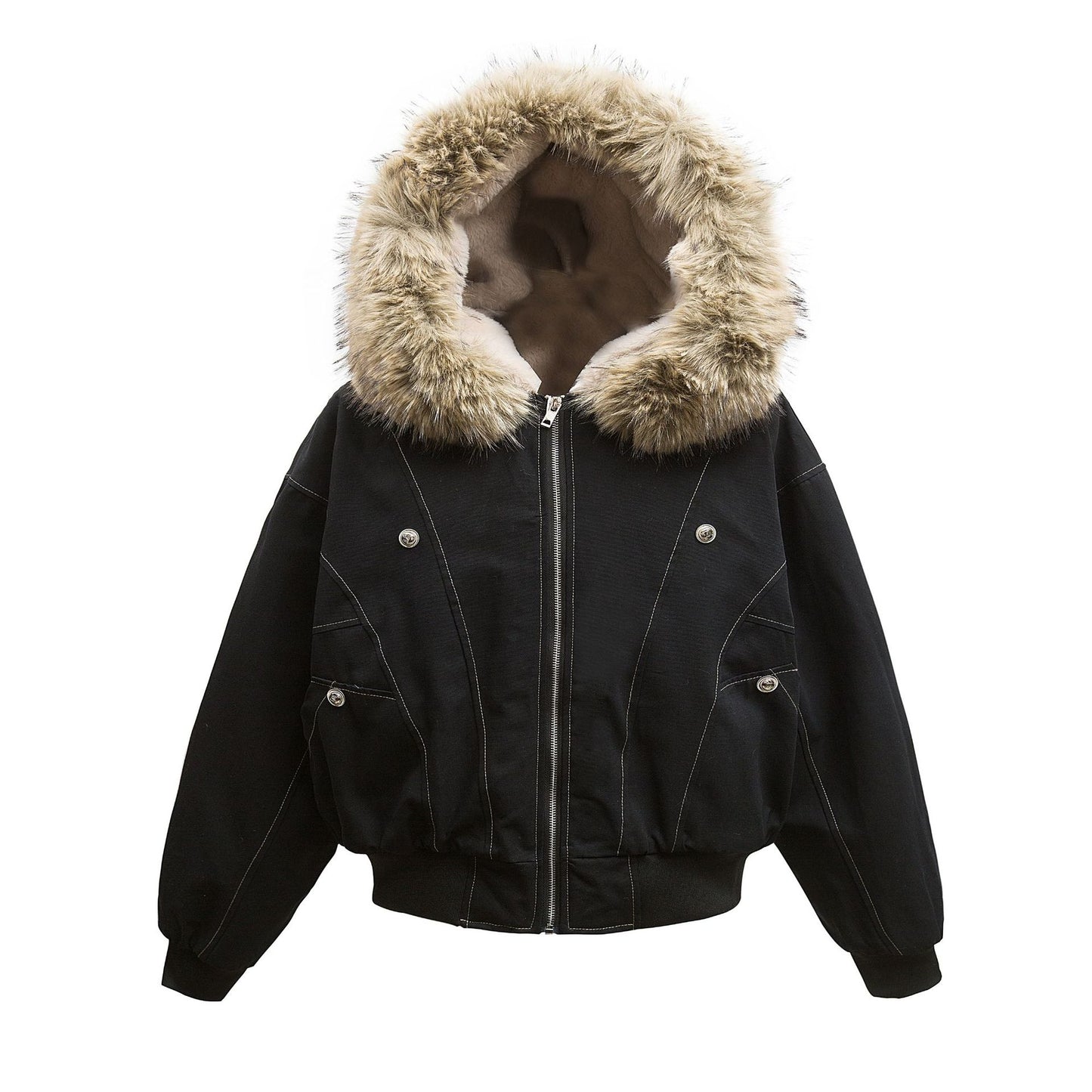 TALISHKO Faux Fur Lined Zip Up Winter Hooded Bomber Jacket