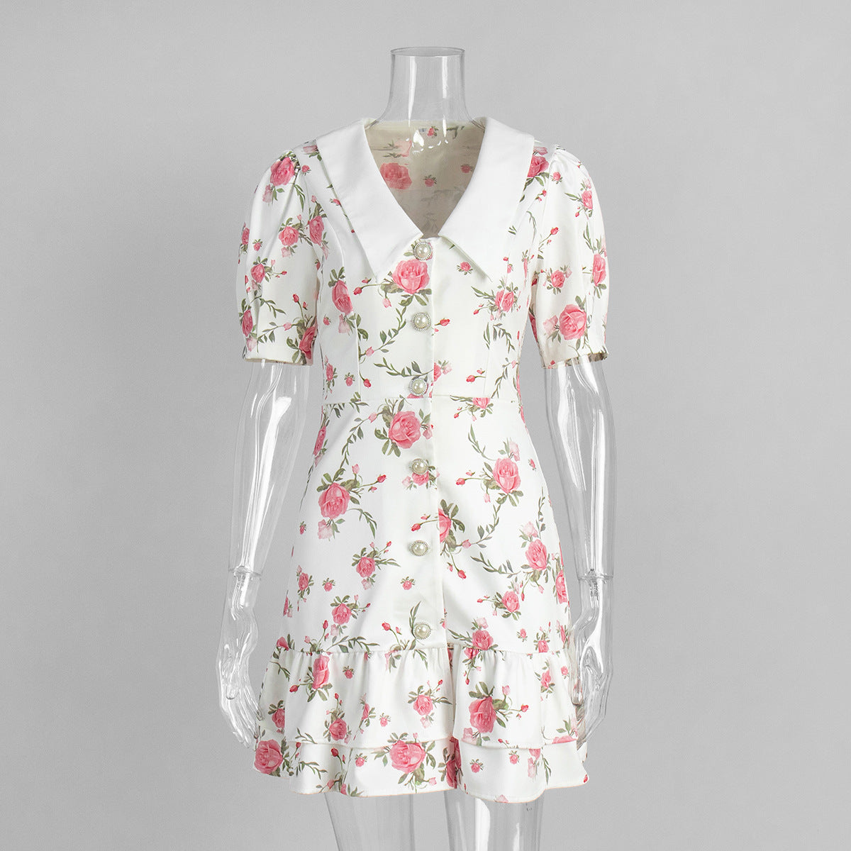 French v-neck bubble sleeve dress, summer waist print skirt ruffle edge dress - Seldom Seen Styles