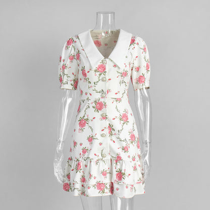 Französisches V-Ausschnitt-Kleid mit Bubikragenärmeln, Sommer-Taillendruck-Rockrüschenkleid