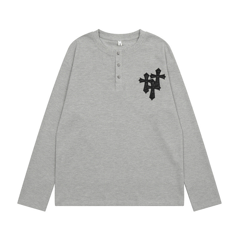 Cross Leather Embroidery Loose Casual Long Sleeve Shirt Retro American Street Style Thin Bottoming Top Fall Streetwear | Cross Stitch