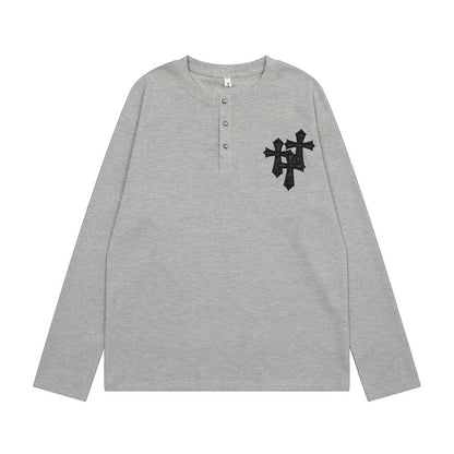 Cross Leather Embroidery Loose Casual Long Sleeve Shirt Retro American Street Style Thin Bottoming Top Fall Streetwear | Cross Stitch