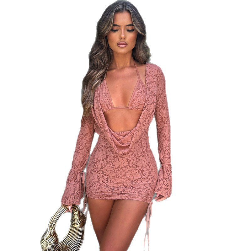 Fashion women's clothing autumn new solid color casual straps lace long-sleeved top short skirt strap set - Seldom Seen Styles