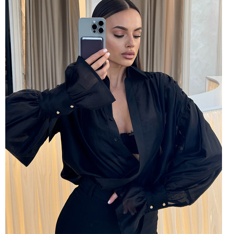 Women's summer new sweet and fresh loose lapel lantern sleeve long sleeve shirt women's top - Seldom Seen Styles
