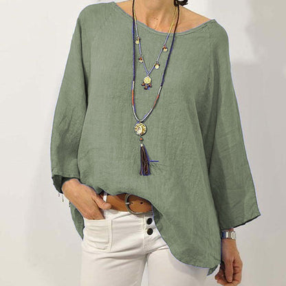 Women's Cotton Linen Blouse Casual Oversized Round Neck Top Loose Fit 3/4 Sleeve Tunic Shirt Boho Style