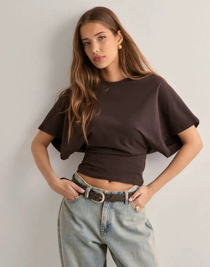 Women's Ruched Long Sleeve Top with Wide Sleeves Crew Neck Fitted Casual Blouse