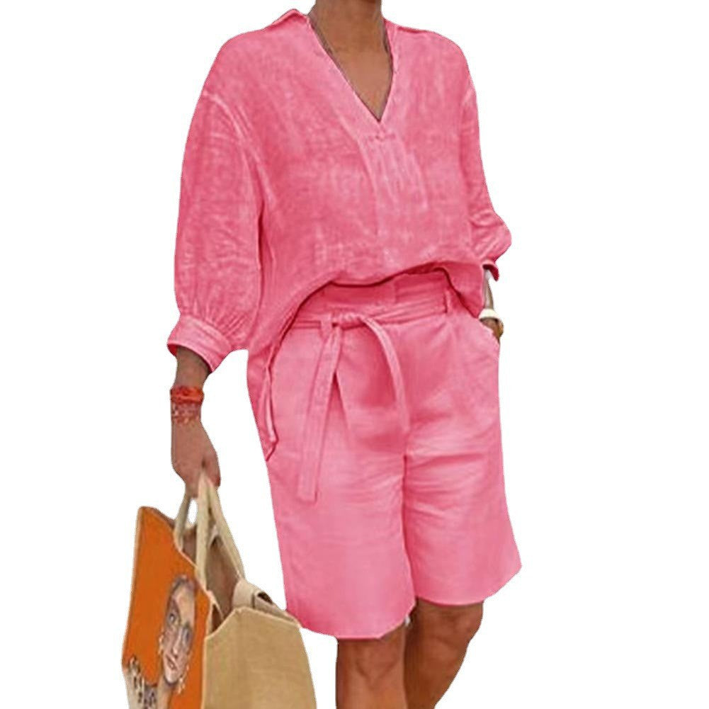 Women's Linen Two Piece Set V Neck Blouse and High Waist Shorts Casual Summer Matching Outfit