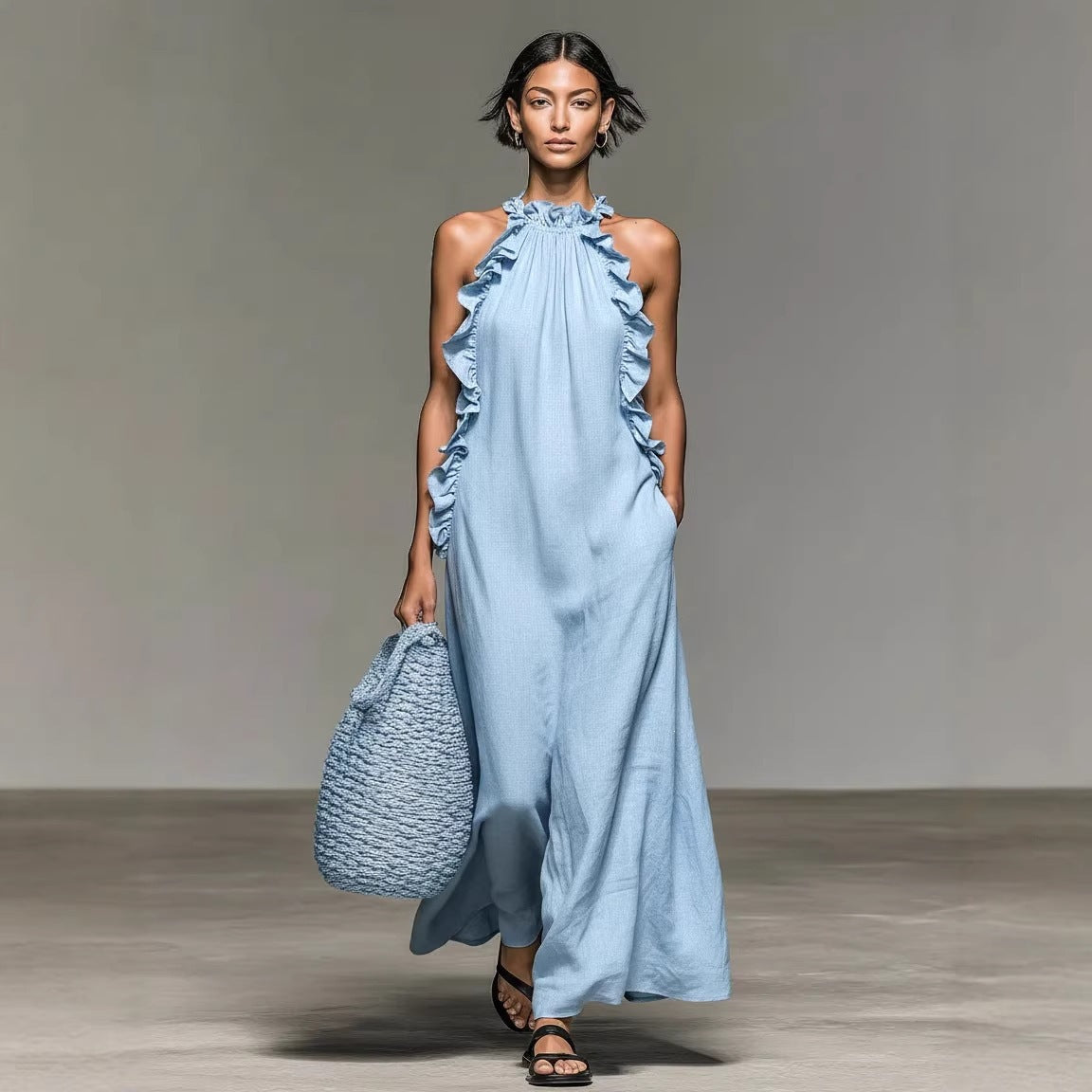 Women's Ruffle Collar Sleeveless Loose Maxi Dress Elegant Summer Vacation Beach Long Dress - Seldom Seen Styles