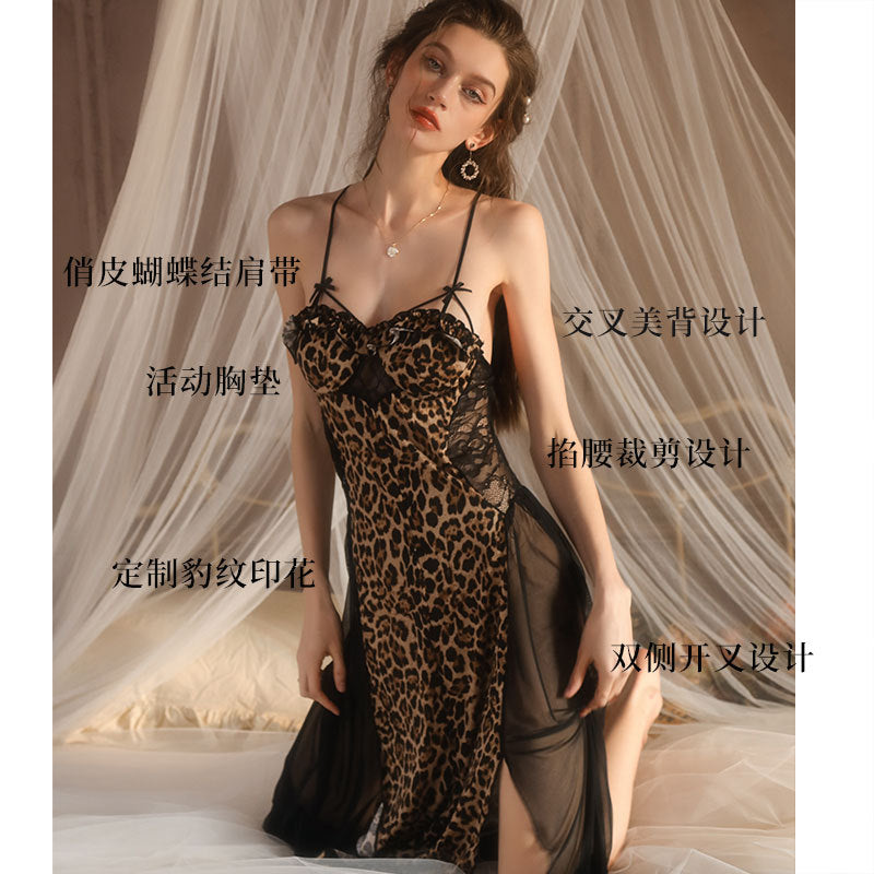 Women's Leopard Print Satin Nightgown French Lace Slip Dress Sexy Spaghetti Strap Sleepwear Maxi Nightdress with Matching Robe - Seldom Seen Styles