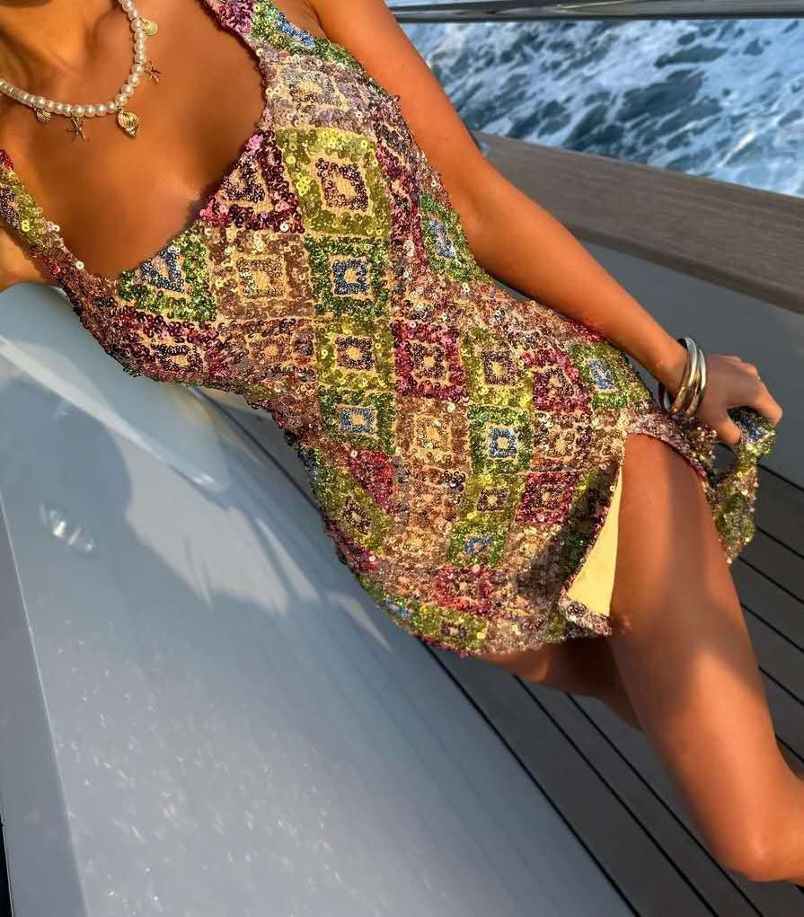 Spring and summer fashion new short-sleeved cross-border color rhombus sequins split hip wrap sexy dress - Seldom Seen Styles