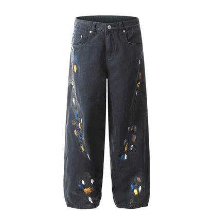 Spray Paint Splash Jeans Loose Fit Washed Distressed Hip Hop Streetwear Niche Vintage High Street Long Pants | Splash Jeans