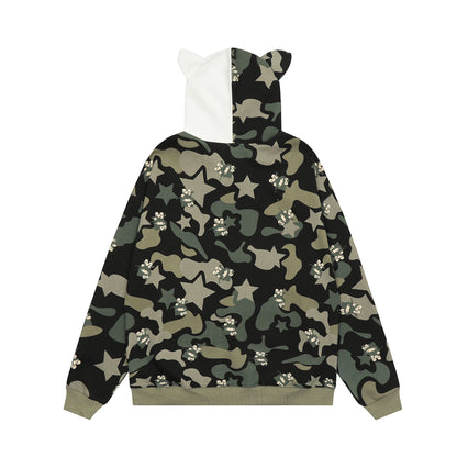 Women's American Original Hello Kitty Ear Camo Print Hooded Zip Cardigan Sweater Jacket Cute Casual | Kitty Camo Hood