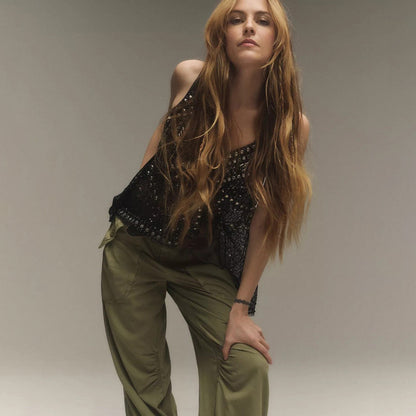 Women Y2K Sequin Mesh Tank Top Glitter Floral Embroidered Cami Crop Top Sleeveless Backless Rhinestone Camisole