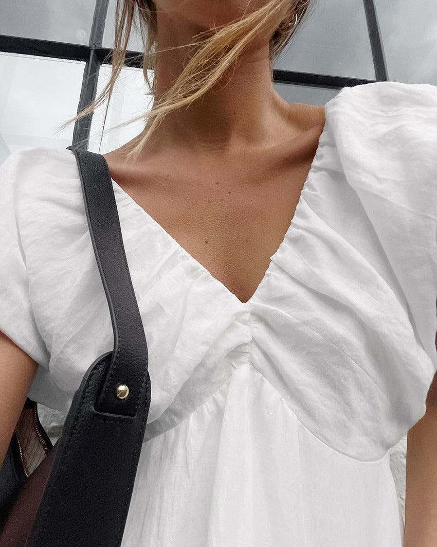 Women's White Puff Sleeve Mini Dress V Neck Casual Flowy Summer Sundress - Seldom Seen Styles