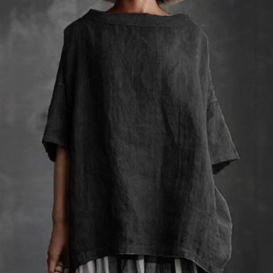 Women's Cotton Linen Round Neck Loose T-Shirt Casual Short Sleeve Solid Color Plus Size Top