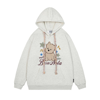 Fluffy Puppy Embroidered Fleece Hoodie Loose Fit Lazy Style Couple Casual High Street Streetwear Pullover | Fluffy Pup Hoodie