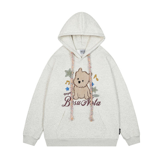Fluffy Puppy Embroidered Fleece Hoodie Loose Fit Lazy Style Couple Casual High Street Streetwear Pullover | Fluffy Pup Hoodie