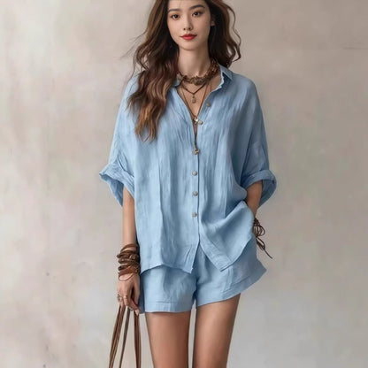 Women's Solid Color Loose Button Shirt Shorts Two Piece Set Casual Summer Outfit Fashion Suit
