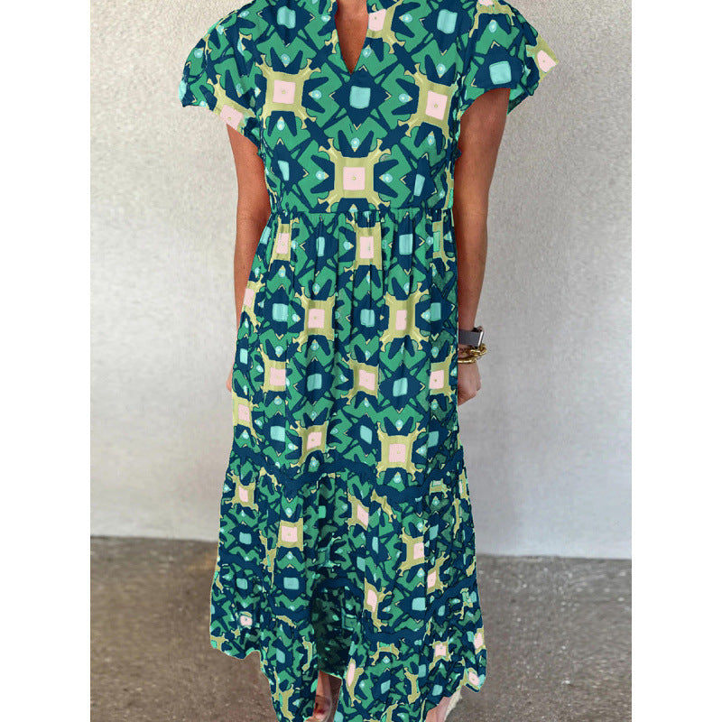 Women's Boho Print Maxi Dress V Neck Short Sleeve High Waist Summer Vacation Dress - Seldom Seen Styles