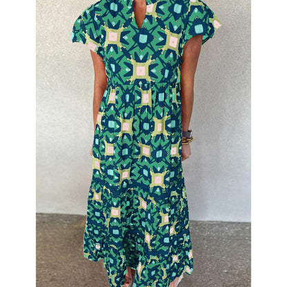 Women's Boho Print Maxi Dress V Neck Short Sleeve High Waist Summer Vacation Dress