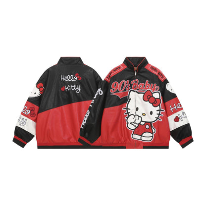 Color Block Embroidered KT Racing Leather Jacket Unisex Loose Fit Motorcycle Couple Streetwear Niche Design Biker Jacket | Moto Kart