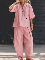 Women's V Neck Loose Short Sleeve Top High Waist Wide Leg Pants Two Piece Set Summer Casual Outfit - Seldom Seen Styles
