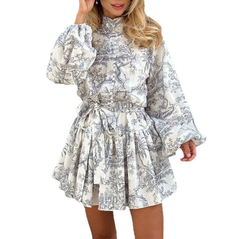 Women's Vintage Floral Print Mini Dress Long Sleeve Belted Boho Elegant Dress - Seldom Seen Styles