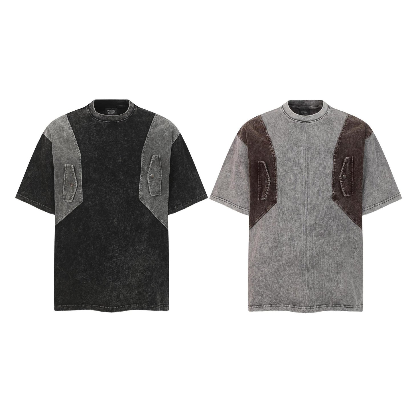 Crew Neck Short Sleeve Acid Washed Deconstructed Spliced Pocket T-Shirt Loose Oversized High Street Casual Couple Top | Acid Splice