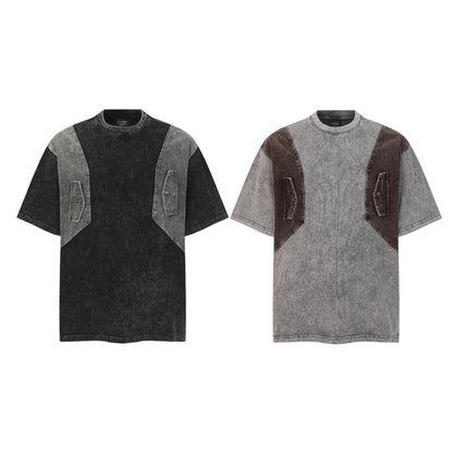Crew Neck Short Sleeve Acid Washed Deconstructed Spliced Pocket T-Shirt Loose Oversized High Street Casual Couple Top | Acid Splice